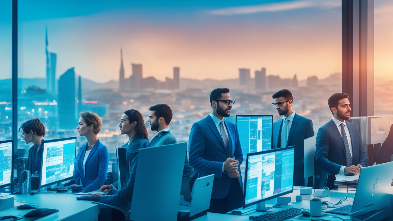 A cinematic editorial photograph of a diverse group of tech professionals in a modern Turkish office collaborating around computers displaying abstract data visuals, with a subtle backdrop of Istanbul’s skyline at dawn symbolizing innovation and AI-driven recruitment.