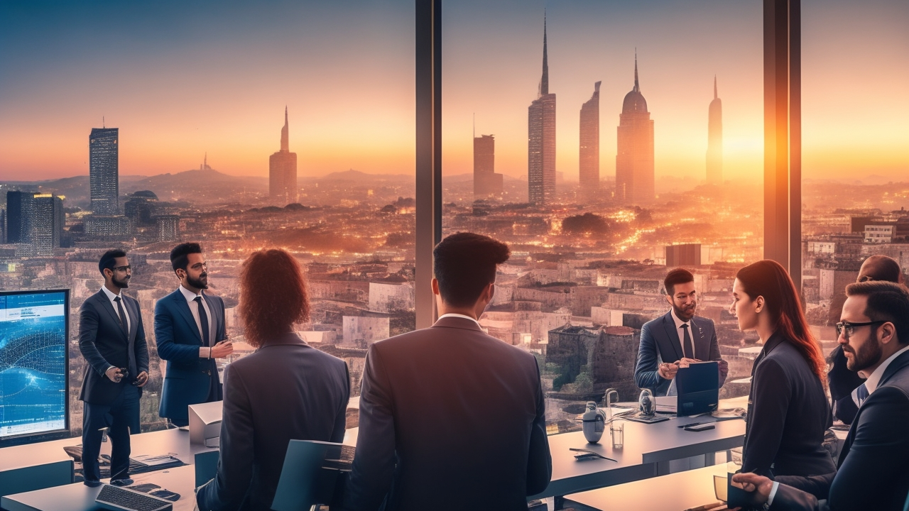 A diverse group of professionals collaborating around futuristic transparent digital screens displaying AI-driven recruitment data in a modern office overlooking Istanbul’s skyline at sunset, capturing the transformative impact of AI and automation on mass hiring in Turkey’s digital recruitment era.