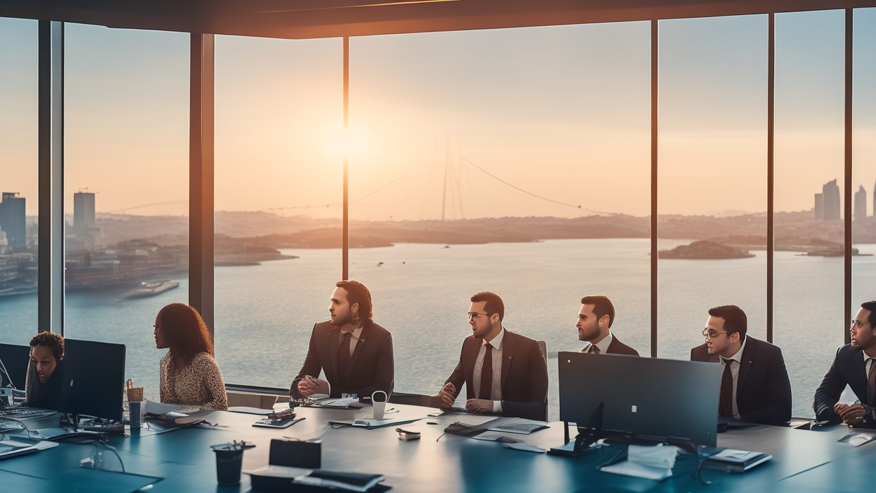 A cinematic editorial image showing a diverse group of professional tech employees collaborating confidently in a modern Istanbul office with the city skyline and Bosphorus Bridge visible through large windows at sunset, symbolizing global companies rapidly scaling their teams in Turkey through EOR and PEO solutions.