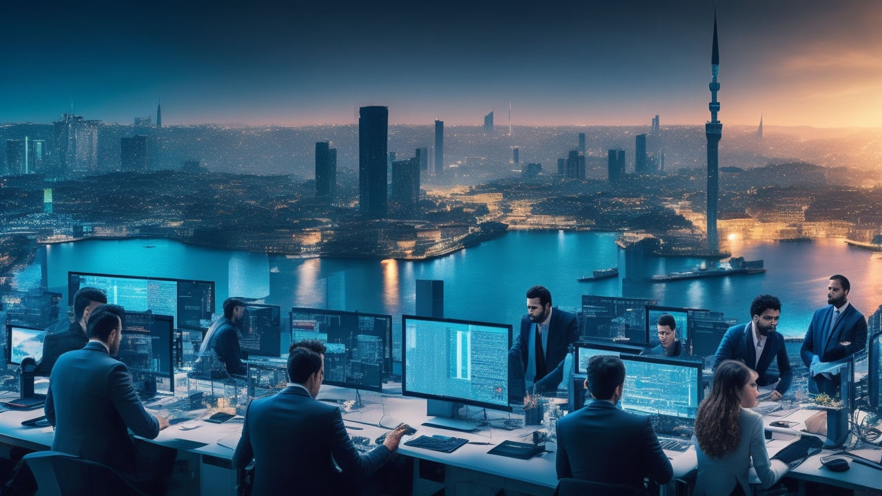 A dynamic, cinematic editorial image of diverse Turkish professionals collaborating in a modern tech workspace, surrounded by futuristic digital interfaces and educational elements symbolizing STEM learning, with a backdrop featuring Istanbul’s skyline at dusk to evoke innovation and workforce transformation.
