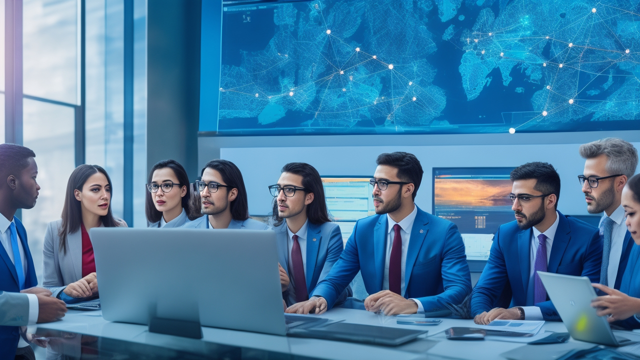 A cinematic, editorial-style image of a diverse group of Turkish business professionals collaborating around a digital dashboard displaying abstract data visualizations, set in a modern, well-lit office environment that conveys innovation and data-driven recruitment in HR analytics.