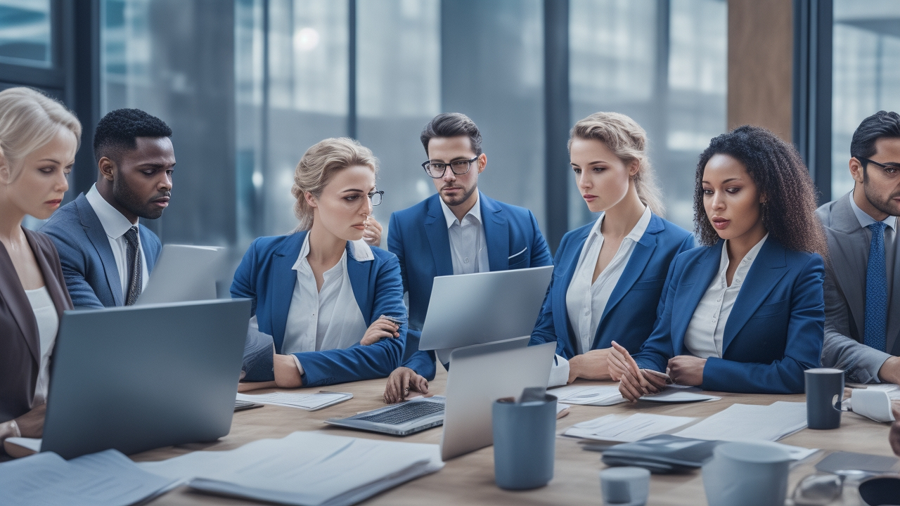 A cinematic editorial photograph of a diverse group of professionals in a modern office reviewing employment contracts and digital workforce data on screens, symbolizing legal compliance and mass hiring under Turkish labor law.