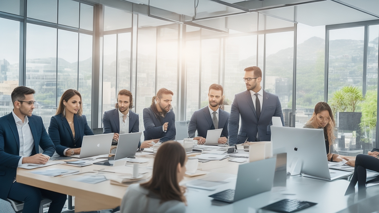 Cinematic editorial image of a diverse team of professionals collaborating in a modern office with digital payroll and hiring graphs subtly overlaid, symbolizing strategic payroll management and cost-efficient hiring in Turkey’s dynamic business environment, with warm natural light and a sophisticated corporate atmosphere.