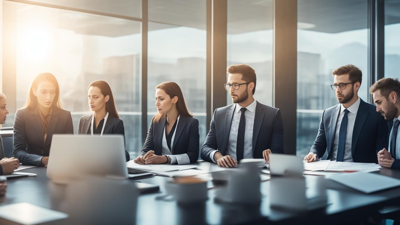 A professional HR manager reviewing work permit documents with a diverse group of foreign tech employees in a modern Turkish office setting, natural light casting cinematic shadows emphasizing collaboration and legal compliance.