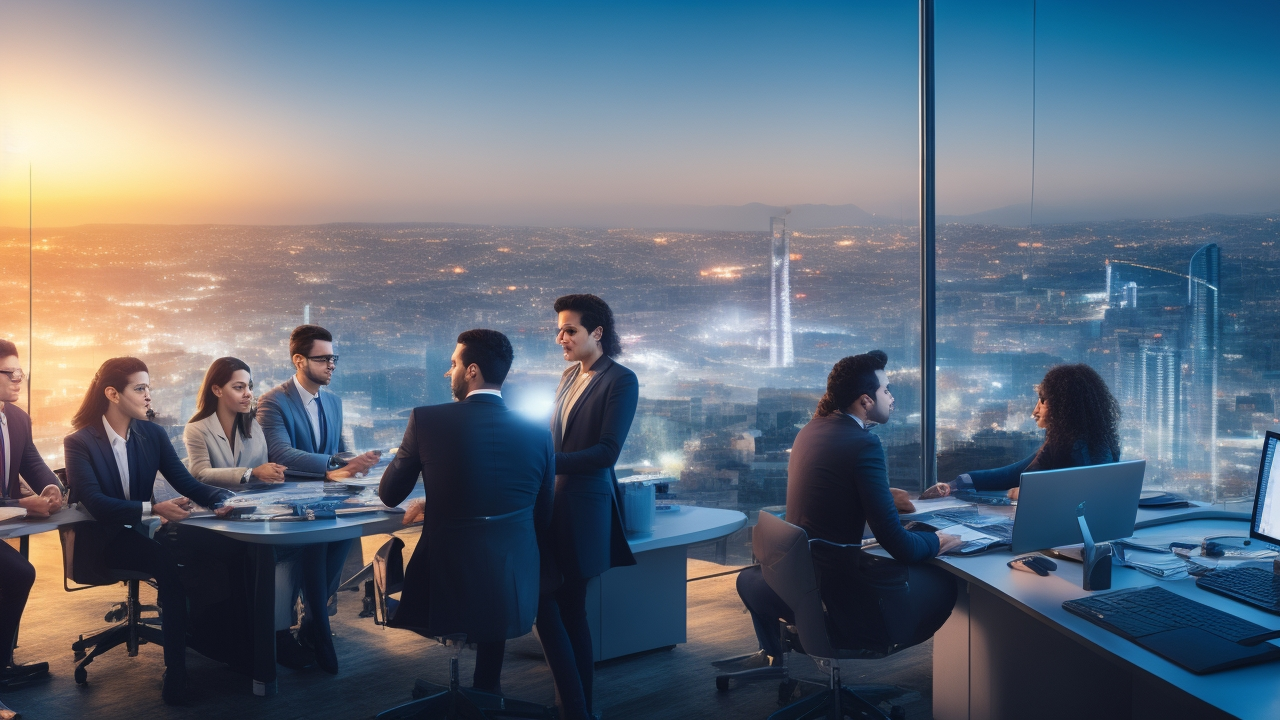 A dynamic, cinematic scene of a diverse group of young Turkish professionals and students collaborating in a modern, tech-driven workspace with cityscape views at dusk, symbolizing innovation, workforce transformation, and strong university-industry partnerships shaping Turkey’s future talent pipeline.