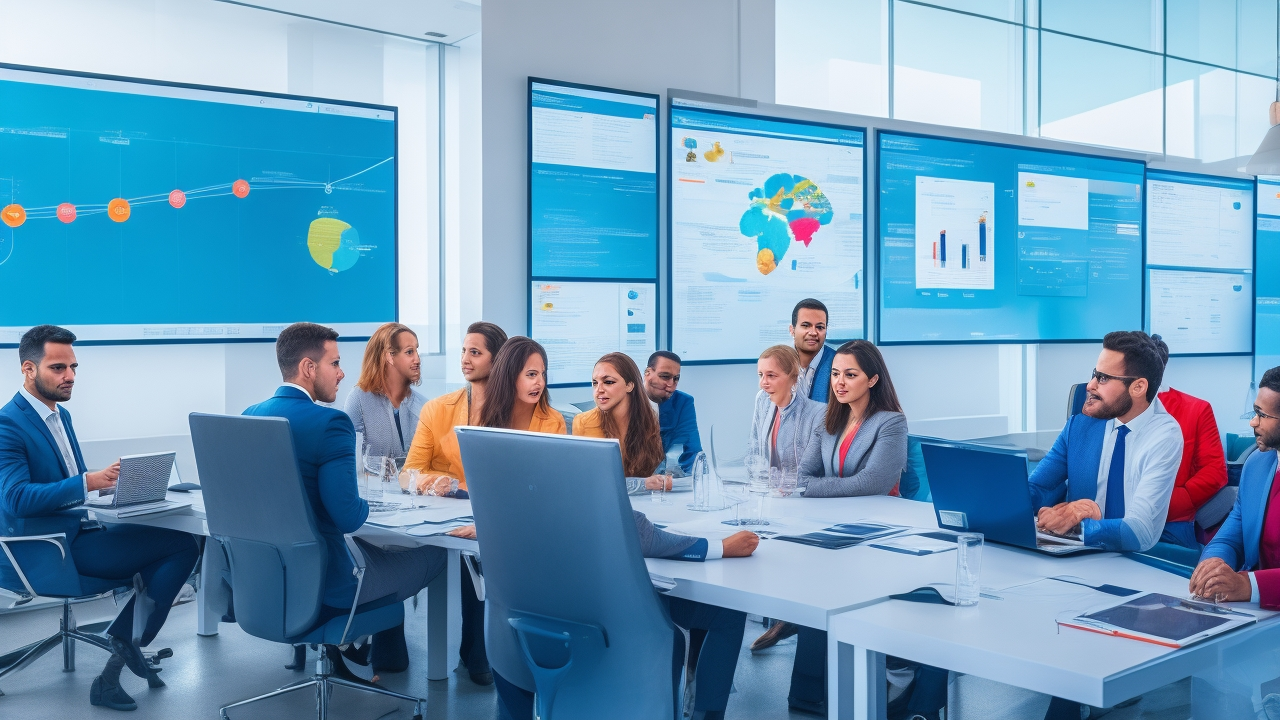 A diverse group of professional HR consultants and recruiters in a modern office, engaged in a strategic meeting with digital screens displaying data and tech icons, symbolizing dynamic talent acquisition and outsourcing solutions for large employers in Turkey’s growing tech sector.