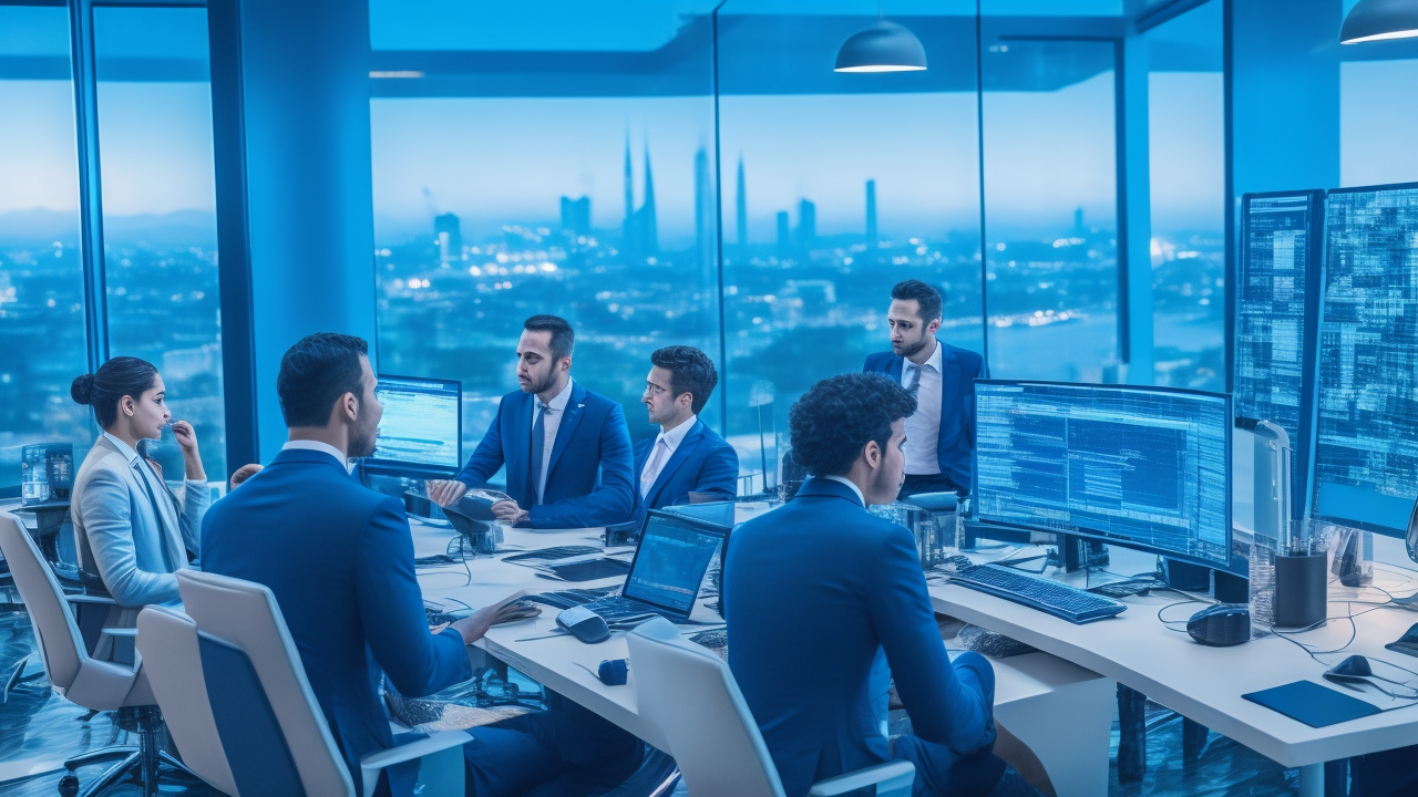 A dynamic, cinematic editorial photograph of a diverse group of focused IT professionals collaborating in a modern Istanbul tech office with panoramic city views, showcasing high-tech devices and coding screens to represent digital team growth and innovation in Turkey’s vibrant 2025 technology recruitment landscape.