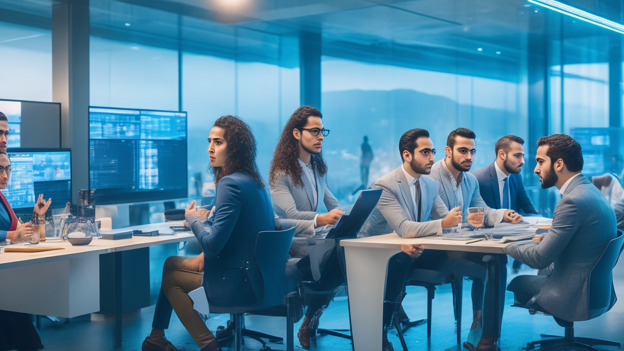 A dynamic, cinematic editorial photograph of a diverse group of young professionals collaborating energetically in a modern Turkish office space with digital screens, symbolizing innovation and growth in Turkey’s booming service sector in 2025.