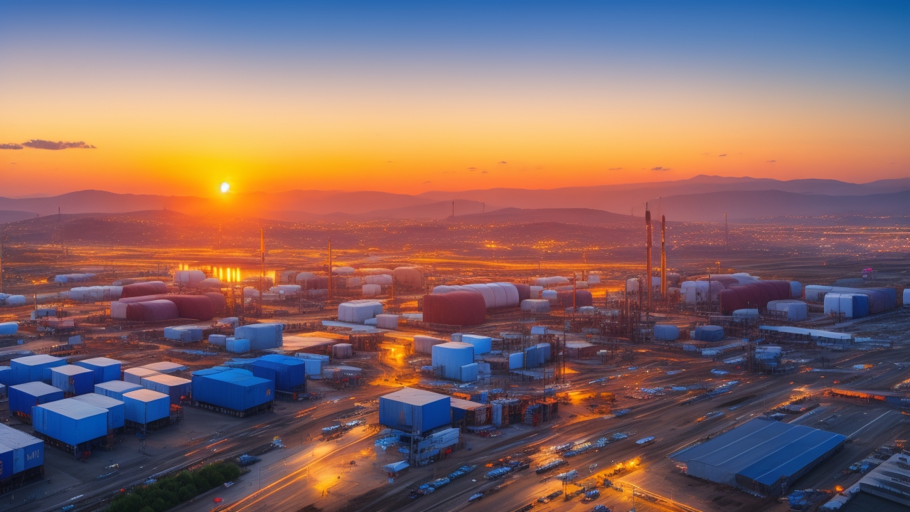 A cinematic wide-angle view of a bustling modern Turkish industrial zone at sunset, featuring diverse workers engaged in manufacturing, technology labs with engineers coding, renewable energy wind turbines in the background, and busy logistics hubs with shipping containers and delivery trucks, symbolizing Turkey’s multifaceted job market growth in 2025.