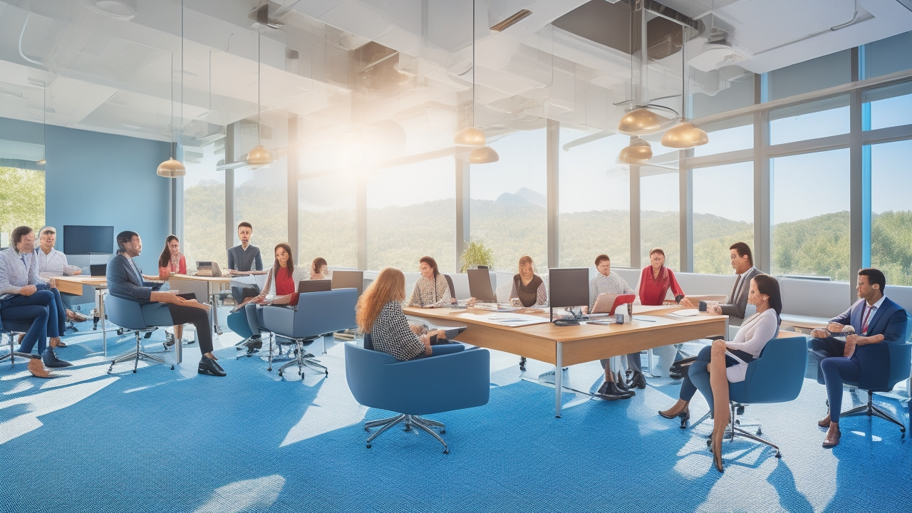 A diverse group of professionals engaged in a dynamic office meeting in a modern, sunlit Turkish corporate workspace, showcasing collaboration, innovation, and employee well-being with flexible seating and digital devices.