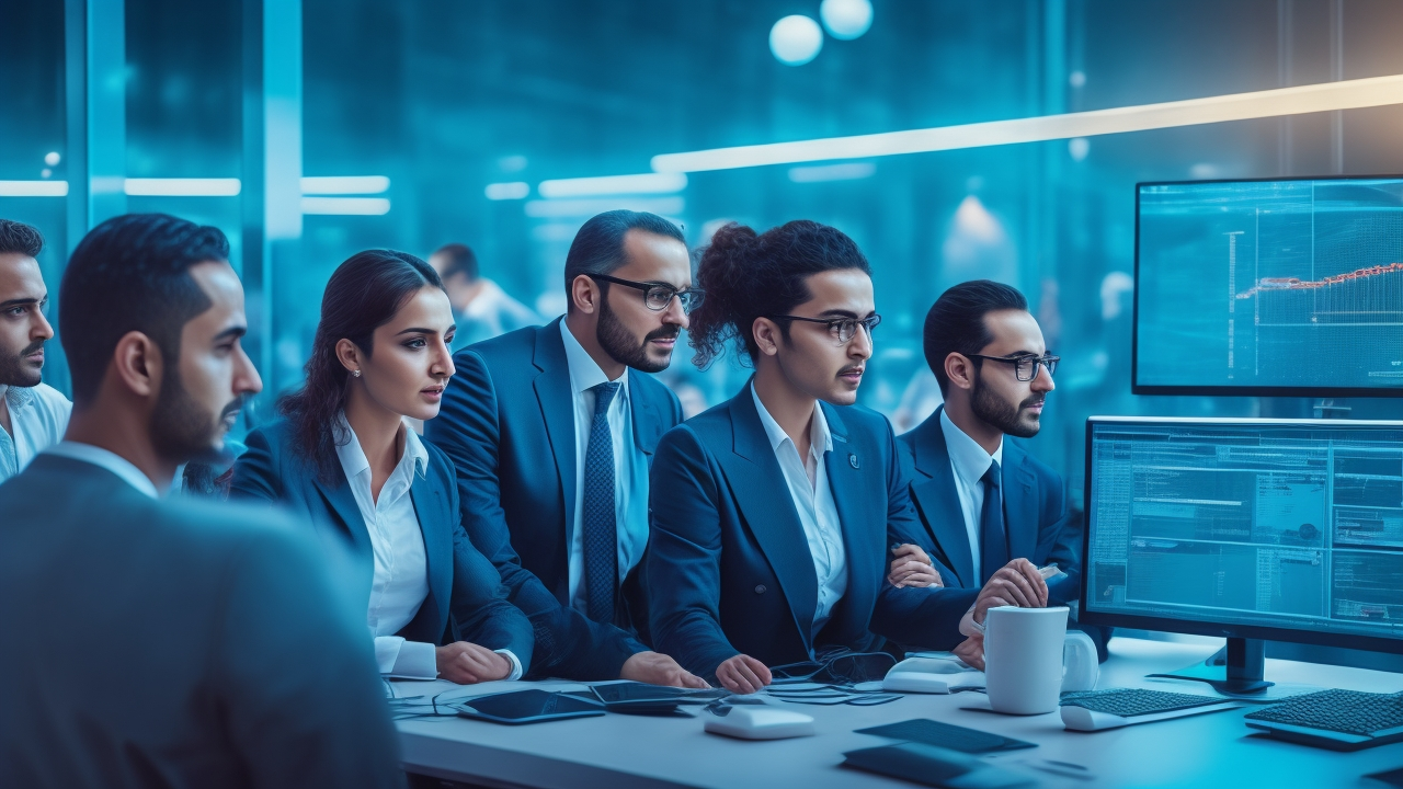 A dynamic, cinematic image of diverse Turkish professionals collaborating in a modern tech workspace, illuminated by digital screens and futuristic graphics symbolizing upskilling, coding, and innovation, capturing the energy of Turkey’s digital workforce transformation.