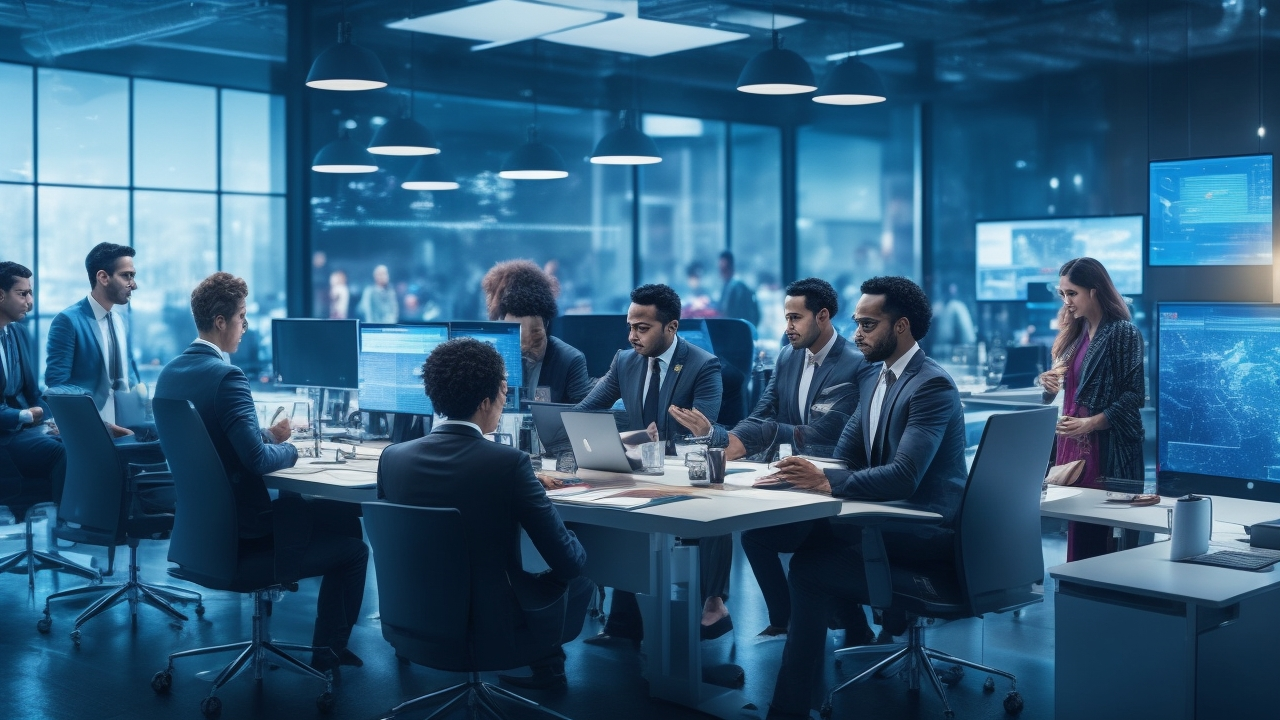 A cinematic office scene showing a diverse group of Turkish HR professionals collaborating around digital devices with futuristic holographic onboarding interfaces and AI-driven workflow visuals subtly glowing, set in a modern tech workspace that conveys innovation and efficient mass hiring automation.