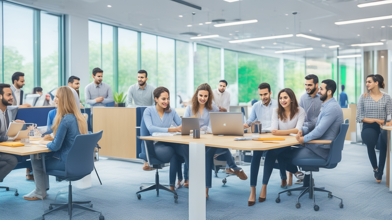 A diverse group of young Turkish professionals collaborating in a modern, bright office space featuring advanced technology and flexible workstations, evoking innovation, inclusivity, and a future-ready workplace atmosphere.
