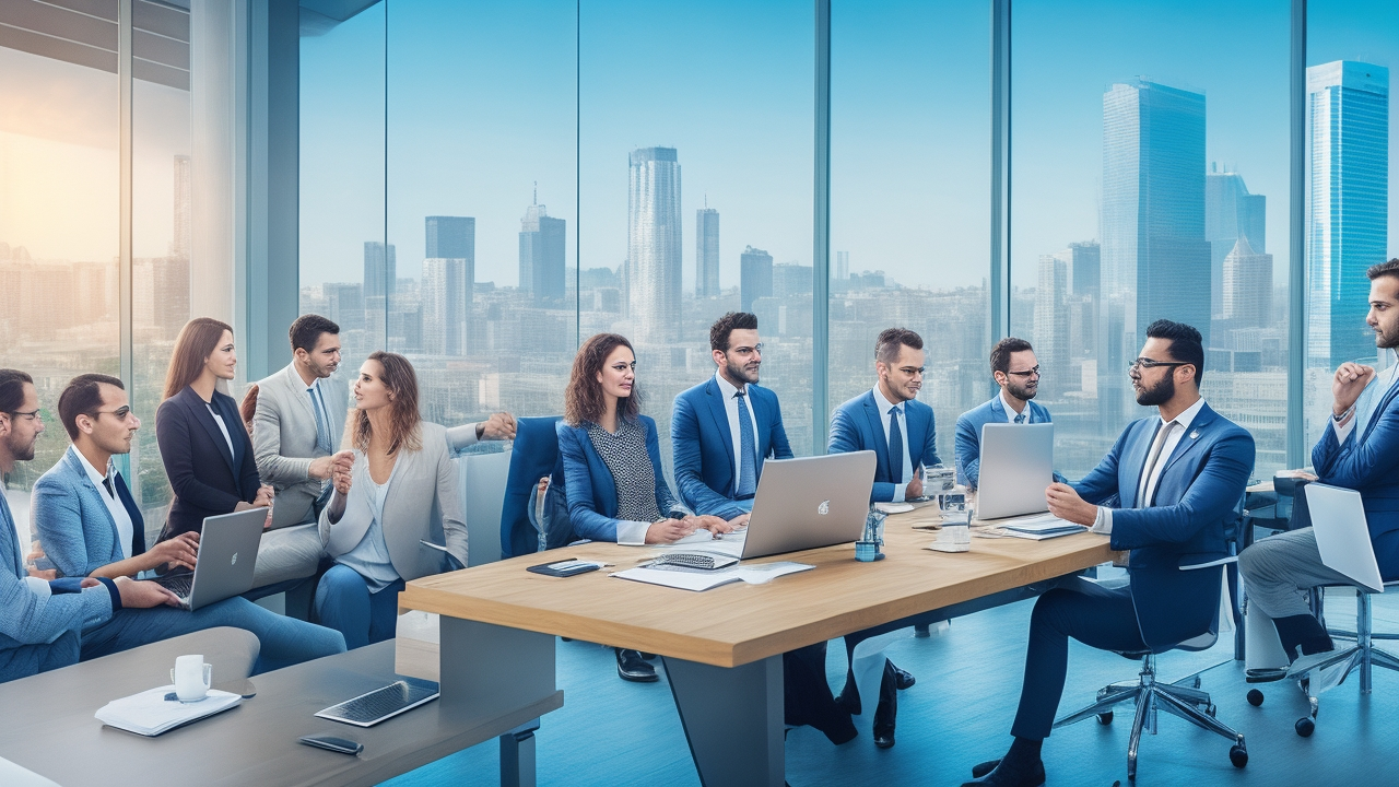 A diverse group of confident professionals engaged in a dynamic office meeting with modern technology, showcasing collaboration and innovation against a sleek urban backdrop symbolizing Turkey’s evolving talent and recruitment landscape.