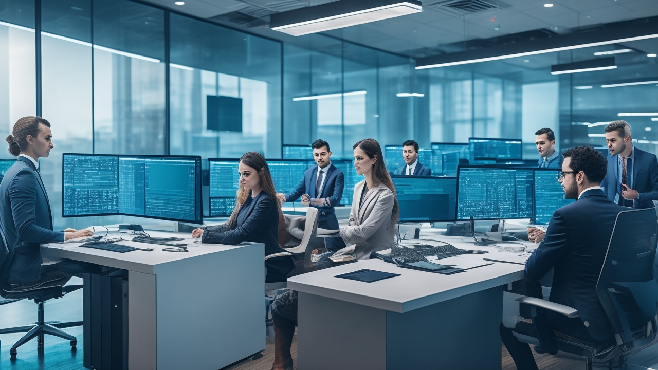 A dynamic, cinematic editorial photo of a modern Turkish office with diverse professionals collaborating around sleek computers displaying AI and recruitment data visualizations, symbolizing innovation and the future of HR tech startups transforming talent acquisition in 2025.