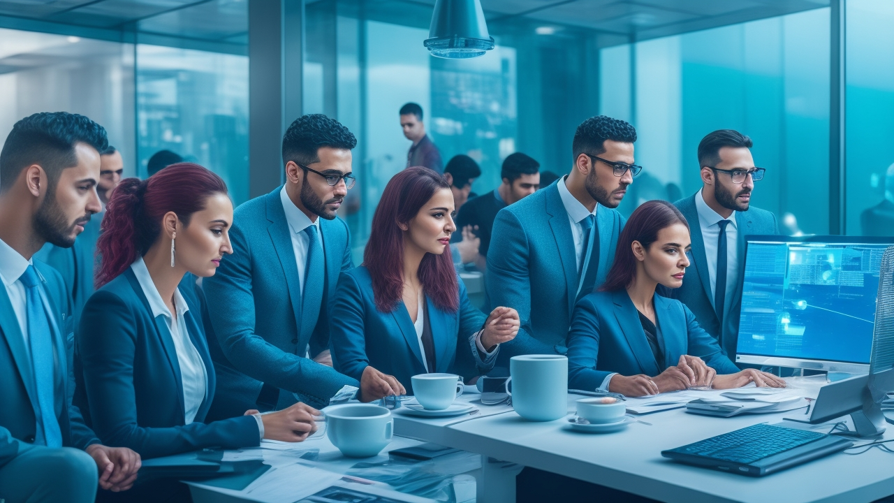 A cinematic editorial image of a diverse group of professionals in a modern Turkish office, collaborating around digital devices with holographic AI and onboarding automation interfaces, highlighting innovation and seamless mass hiring processes in a dynamic tech environment.