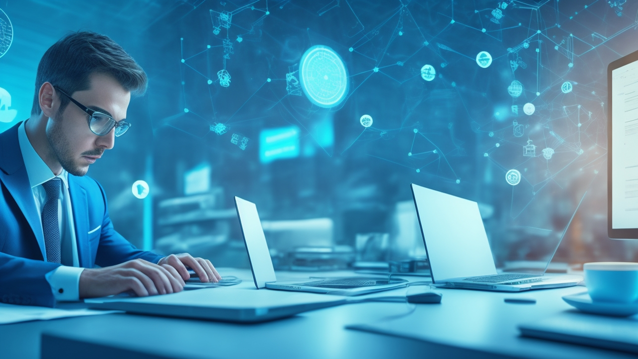 A cinematic image of a focused researcher at a modern desk using a laptop surrounded by digital floating icons symbolizing keywords and organized subject classifications, with a softly lit background evoking deep concentration and data exploration.