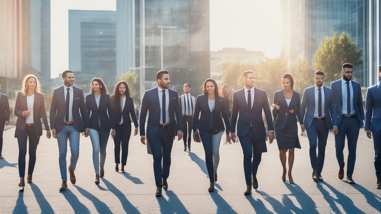 A dynamic, cinematic shot of a diverse group of professionals confidently walking through a modern industrial and tech campus in Turkey, symbolizing rapid workforce growth and innovation in a thriving economy under warm, natural lighting.