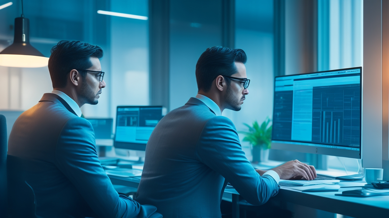 A focused researcher sitting at a modern desk, illuminated by soft natural light, intently analyzing layered translucent digital search interfaces displaying keywords and subject headings, conveying the contrast and synergy of broad and precise research methods in a sleek, cinematic style.