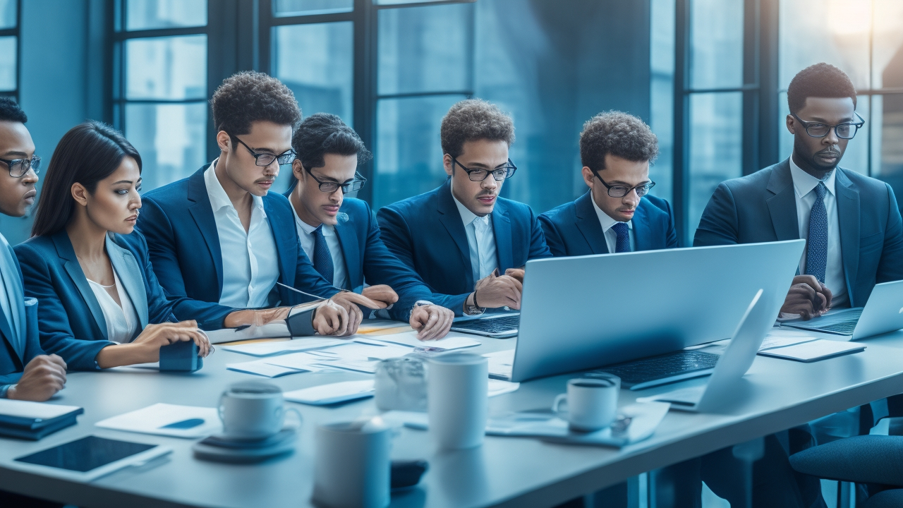 A cinematic editorial photo of a diverse team of professionals collaborating around a sleek modern table with laptops and digital devices, analyzing data and charts on transparent screens, symbolizing the strategic balance between keyword research and subject-focused analysis in SEO and academic research.
