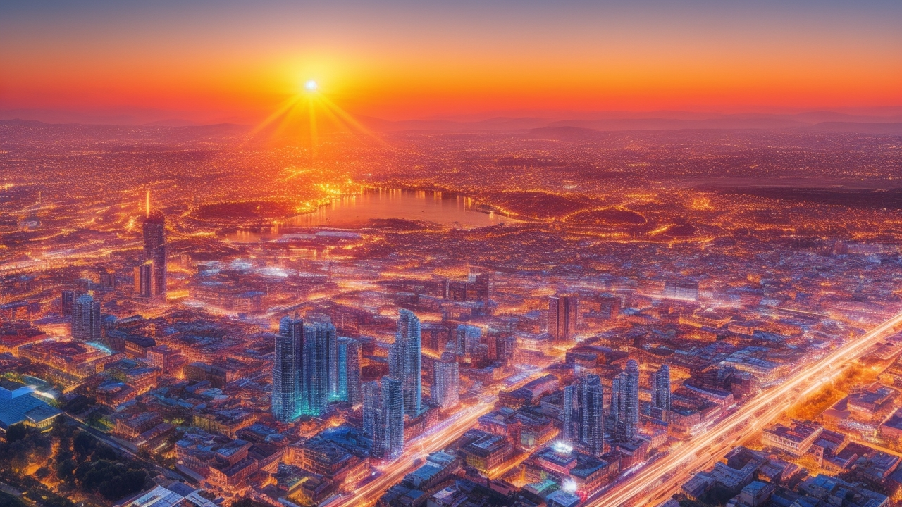A cinematic aerial view of a modern Turkish city skyline at sunset, with diverse professionals working remotely on laptops in stylish home offices and co-working spaces, connected through glowing digital network lines symbolizing global collaboration and innovation across time zones.
