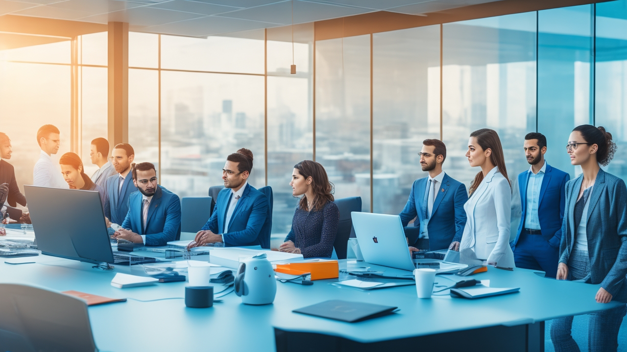 A dynamic, cinematic shot of a diverse group of Turkish professionals collaborating in a modern, sunlit office space featuring sleek digital devices, holographic AI interfaces, and subtle visual cues of hybrid work, symbolizing innovation, inclusion, and the digital transformation shaping the future of HR in Turkey.
