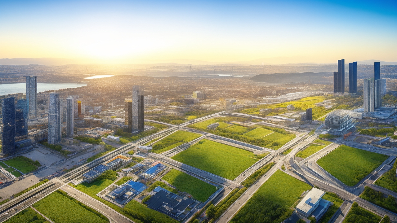A dynamic daytime aerial view of a modern Turkish industrial zone and tech campus bustling with diverse professionals collaborating outdoors, advanced machinery and robotics in operation, sleek glass office buildings reflecting the sun, and the Istanbul skyline in the background under a clear sky, conveying innovation, automation, and vibrant economic growth.