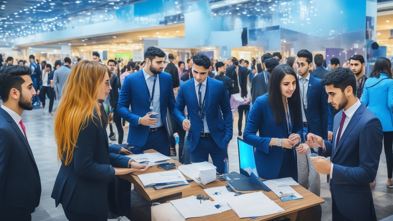 A cinematic, editorial-style photograph of diverse young Turkish professionals and students engaging actively at a bustling career fair in Istanbul, showcasing dynamic networking, enthusiastic conversations, and modern exhibition booths under warm natural light, symbolizing optimism and opportunity in youth employment and internships for 2025.
