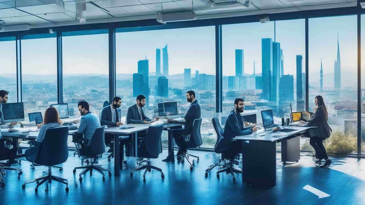 A dynamic, cinematic photo of diverse young Turkish professionals and university students collaborating in a modern coworking space, surrounded by laptops and digital devices, with Istanbul’s skyline visible through large windows, symbolizing innovation, career growth, and youth employment opportunities in 2025 Turkey.