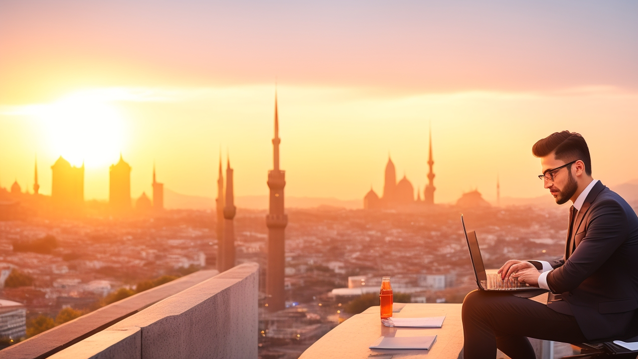 A confident young professional with a laptop and resume in hand, standing in a modern Istanbul coworking space overlooking the city skyline at sunset, conveying ambition and readiness to launch a standout career in Turkey’s dynamic tech and innovation scene.