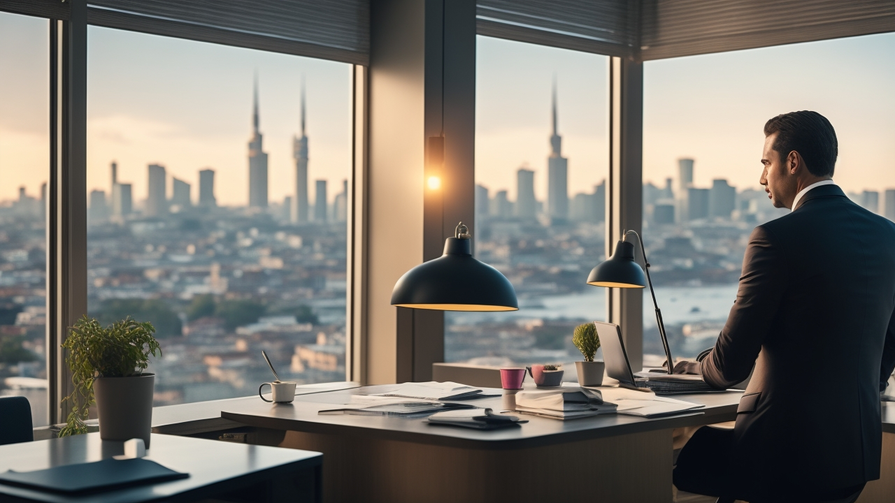 A cinematic editorial image of a confident business professional reviewing payroll documents in a modern Istanbul office overlooking the city skyline, symbolizing navigating Turkey's evolving 2026 payroll, work permits, and HR compliance landscape.