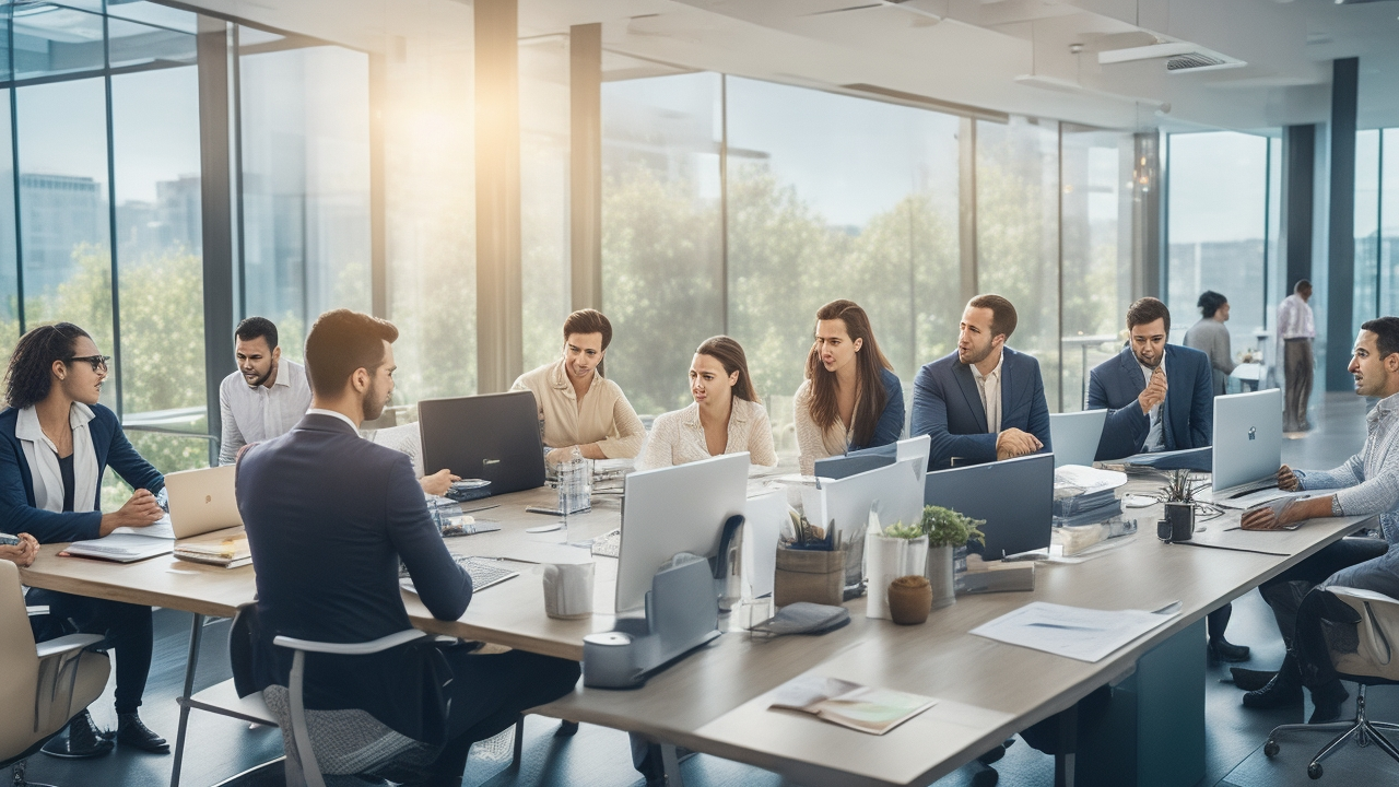 A diverse group of Turkish professionals collaborating around a modern office table, engaged in discussion with digital devices and charts, bathed in warm natural light to evoke a sense of teamwork, growth, and thoughtful organizational design in a fast-paced, innovative workplace.