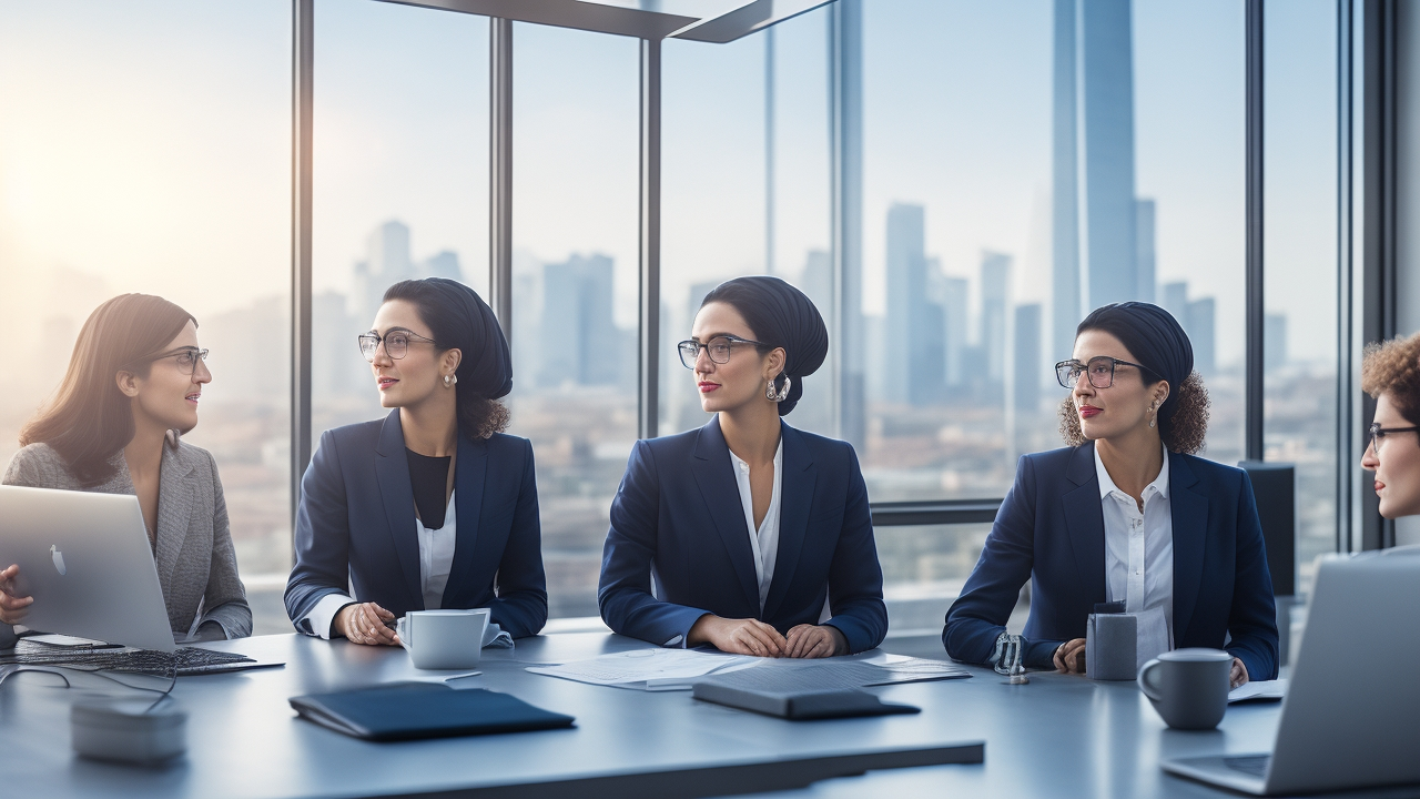 A cinematic editorial photograph of confident professional Turkish women leaders collaborating in a modern high-tech office space, showcasing diversity and empowerment in tech, green innovation, and manufacturing industries, with warm natural light highlighting determination and progress.