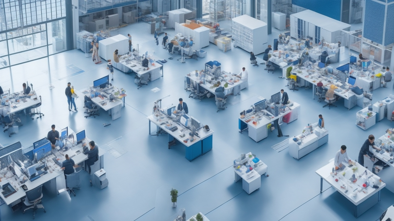 A cinematic aerial view of a diverse group of Turkish professionals collaborating across high-tech and manufacturing workspaces, symbolizing a dynamic and growing labor market amid economic transformation.
