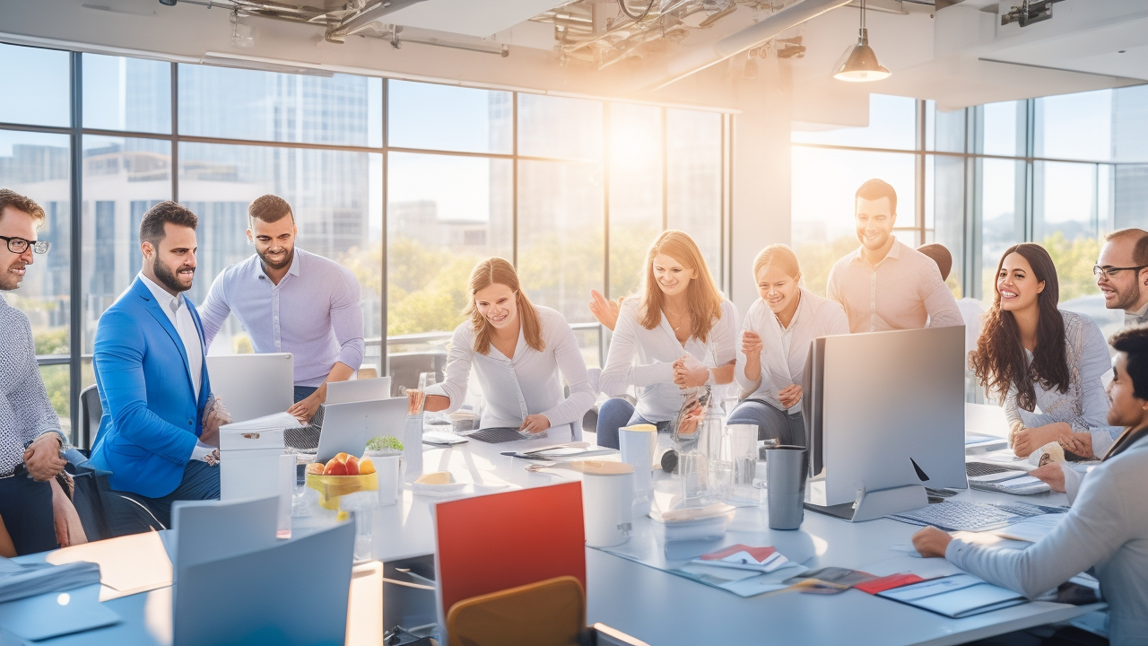 A diverse group of engaged professionals collaborating energetically in a modern, sunlit Turkish office space, capturing a dynamic company culture that inspires teamwork, innovation, and candidate connection.