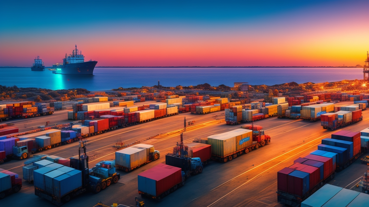 A cinematic, editorial-style image of a modern Turkish industrial port and logistics hub at dawn, showing cargo ships being loaded, trucks in motion on highways connecting to distant factories, with workers wearing safety gear coordinating amidst advanced manufacturing plants and digital control centers, symbolizing Turkey’s dynamic role in global supply chain realignment and evolving employment landscape.