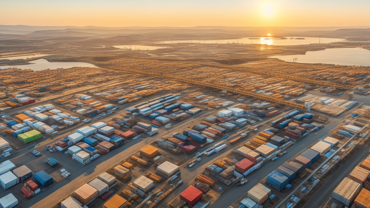 A cinematic aerial view of a bustling modern Turkish industrial zone with warehouses, cargo trucks, and shipping containers active under warm morning light, symbolizing the dynamic growth of reshored manufacturing and logistics employment amid global supply chain shifts.