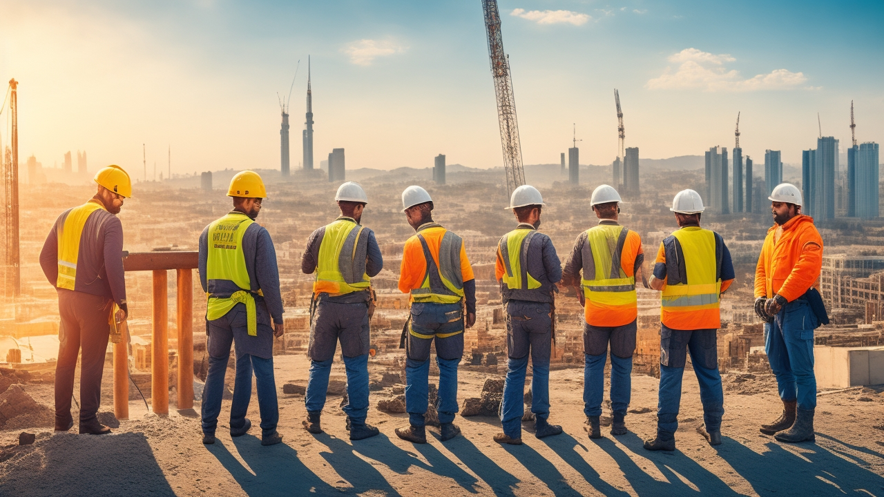 A cinematic editorial image of diverse professionals collaborating at a modern construction site overlooking a developing urban skyline in Turkey, symbolizing dynamic public-private partnership-driven job creation and economic growth.