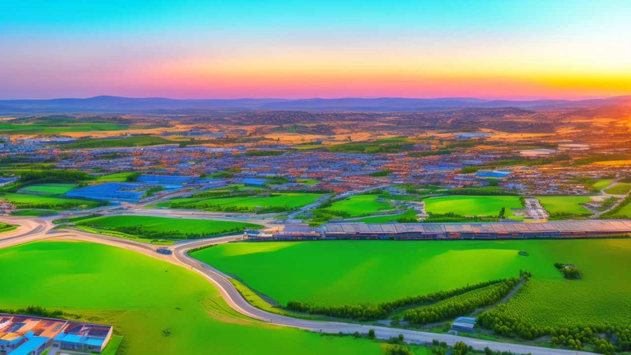 A cinematic aerial view of a modern industrial park nestled between urban and rural landscapes in Turkey, showcasing diverse clusters of factories and office buildings with workers commuting by cars and buses, under a dynamic sky symbolizing regional growth and workforce mobility.