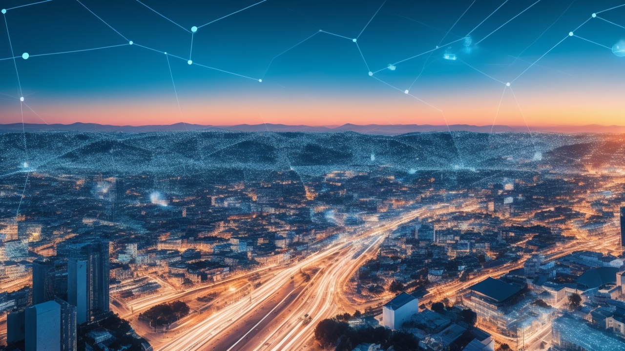 A dynamic, cinematic view of a modern Turkish city skyline at dusk with digital network lines and glowing icons subtly overlaying the scene, symbolizing advanced cloud-based recruitment technology connecting a diverse, young workforce collaborating in sleek office spaces.