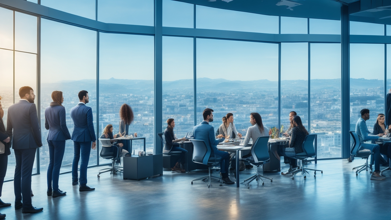 A dynamic, cinematic shot of a diverse group of young Turkish tech professionals collaborating enthusiastically in a modern, stylish startup office with panoramic Istanbul cityscape visible through large windows, capturing energy, innovation, and a vibrant entrepreneurial spirit.
