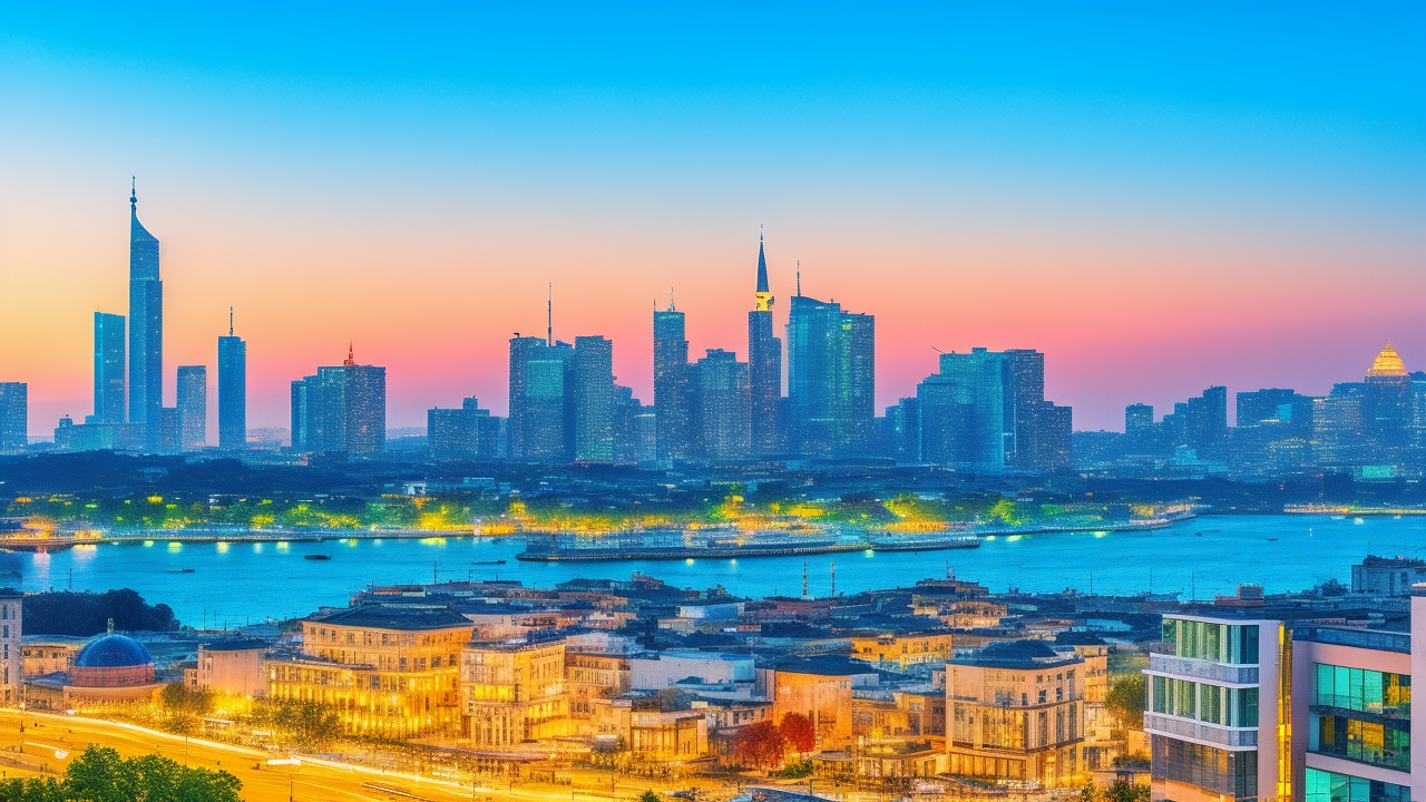 A dynamic panoramic view of Istanbul’s modern skyline at dusk, featuring sleek office buildings and co-working spaces with diverse young professionals collaborating over laptops and digital devices in an open, stylish workspace, symbolizing the city’s vibrant HR tech startup ecosystem and innovative talent hub.
