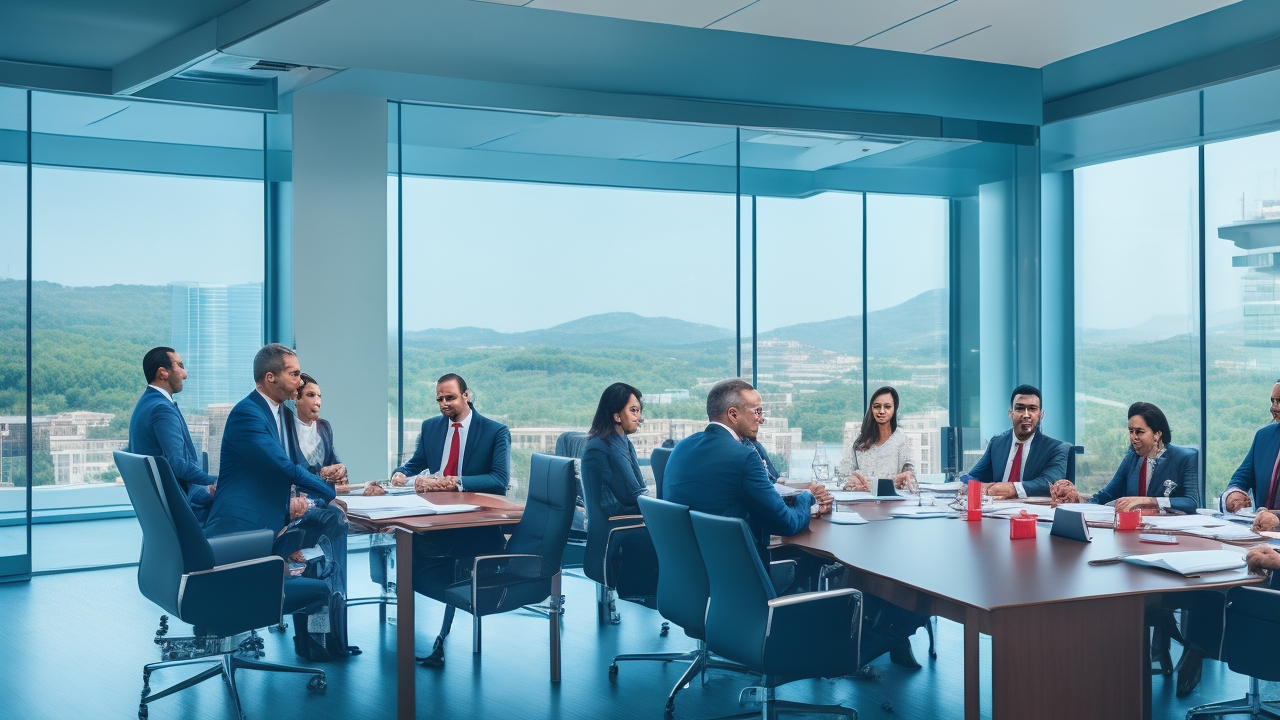 A professional business setting showing a diverse group of international corporate executives and HR specialists engaged in a strategic meeting around a sleek glass table, with the Turkish flag subtly visible in the background through a modern office window, capturing a cinematic and focused atmosphere that conveys global employers mastering social security and taxation compliance in Turkey.