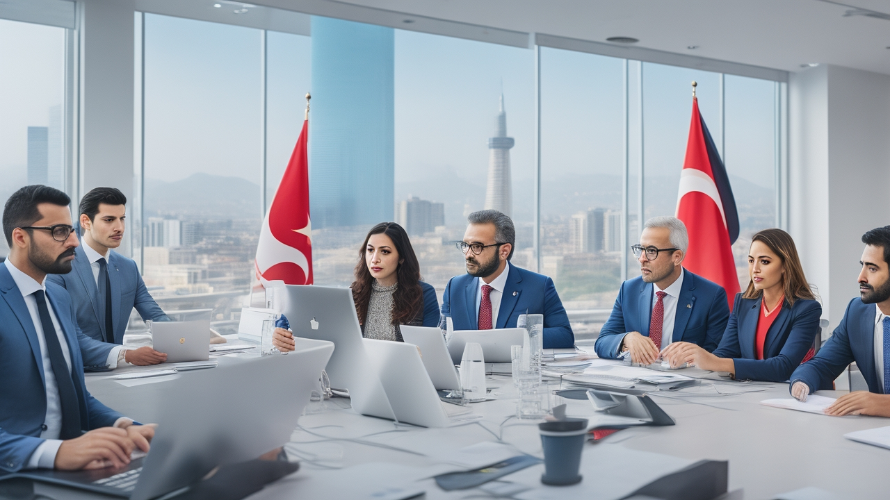 A professional meeting scene in a modern office where a diverse group of international businesspeople engage in a focused discussion over documents and laptops, with the Turkish flag subtly present in the background, conveying the theme of navigating labor law and compliance in Turkey’s tech-driven work environment.