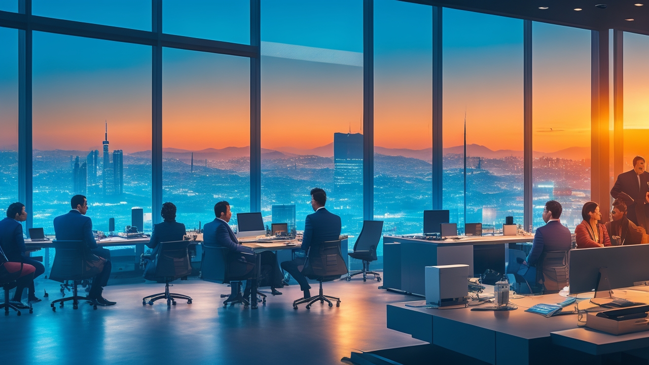 A cinematic editorial photo of diverse Turkish professionals collaborating in a modern office with city skyline views at dusk, symbolizing Türkiye’s dynamic 2026 labor market and its impact on global hiring trends.