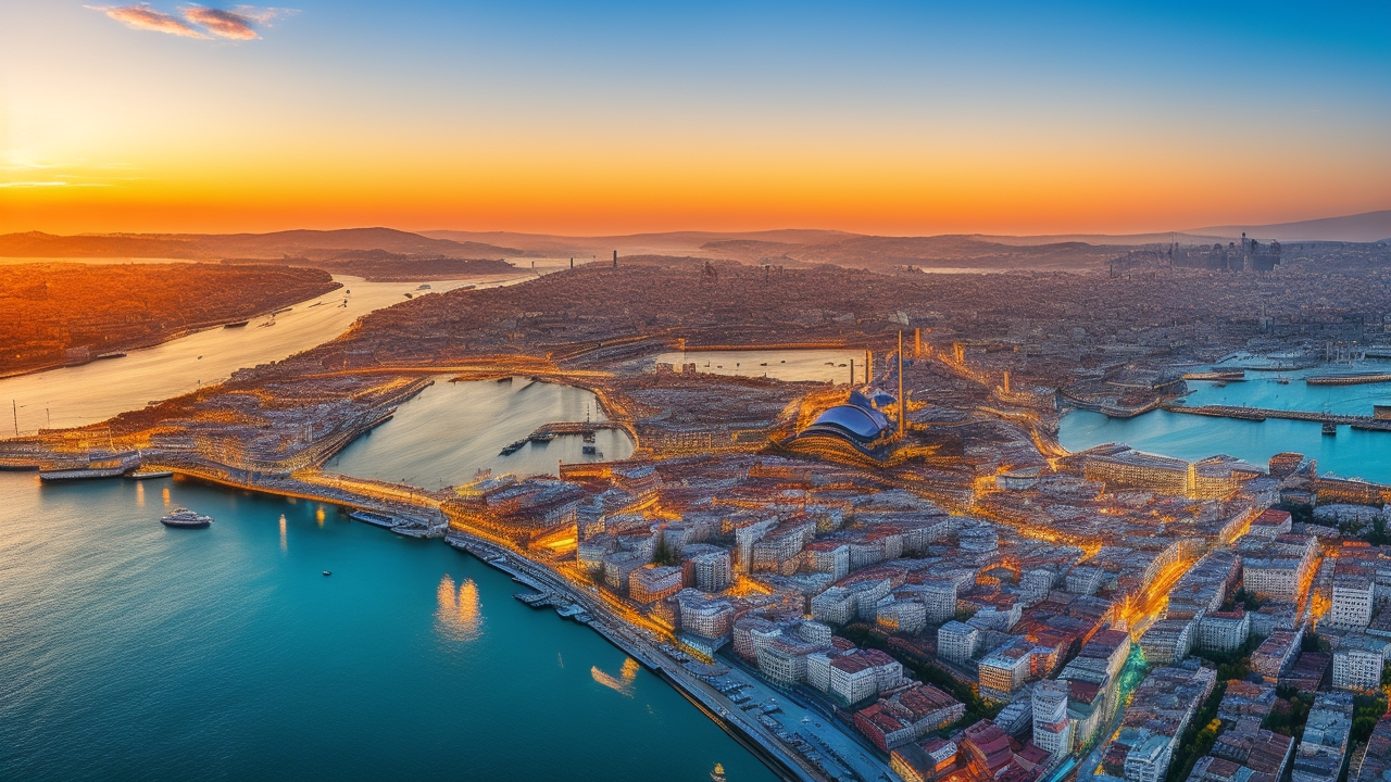 A dynamic aerial view of Istanbul’s modern skyline at sunset, showcasing bustling tech hubs and business districts with a diverse group of professionals collaborating in a high-rise office overlooking the city, symbolizing Turkey’s rise as a premier global workforce destination bridging Europe and Asia.