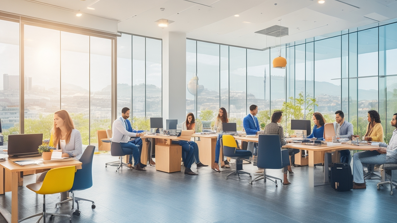 A diverse group of professional employees engaged in a dynamic office setting in Istanbul, collaborating and discussing plans with modern tech devices, bathed in warm natural light to convey innovation, growth, and a strong sense of community in Turkey’s fast-paced labor market.