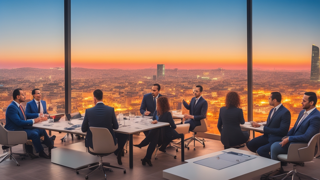 A professional business meeting scene in a modern office overlooking Istanbul’s skyline at dusk, featuring a diverse group of global executives and HR specialists discussing compliance and payroll strategies with charts and digital tablets, capturing a cinematic and focused atmosphere on international social security and taxation in Turkey.