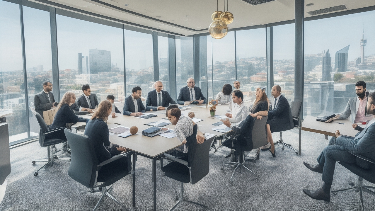 A diverse group of Turkish professionals from multiple generations—ranging from Baby Boomers to Generation Z—engaged in a collaborative meeting around a modern conference table in a stylish office overlooking Istanbul, with warm natural light creating a cinematic and inclusive atmosphere.