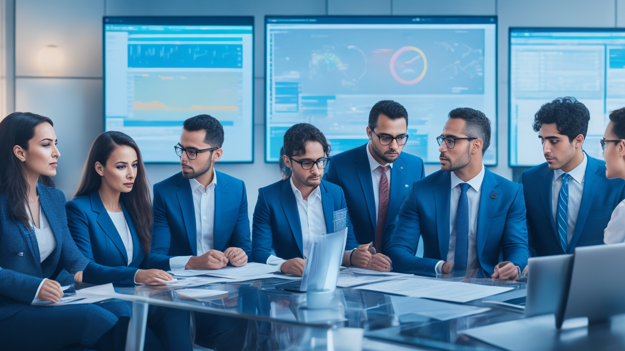 A cinematic editorial photo of a diverse Turkish HR team collaborating around a sleek digital dashboard displaying graphs and candidate profiles, symbolizing data-driven automation and efficiency in large-scale hiring campaigns.